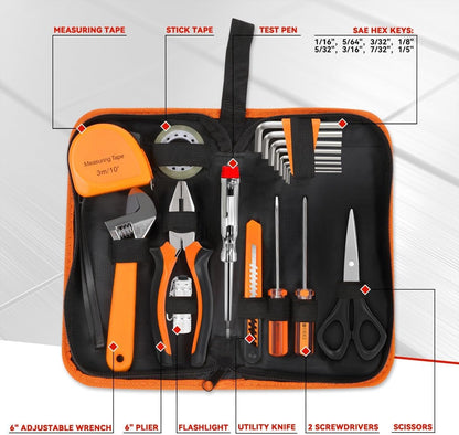 Auto Dynasty Tool Kit for Home 16-Pieces, Basic Household Hand Tool Sets with Hex Key Screwdriver and Adjustable Wrench, All in One Storage Bag for Garage, Home Maintenance, Auto Repair (Orange)