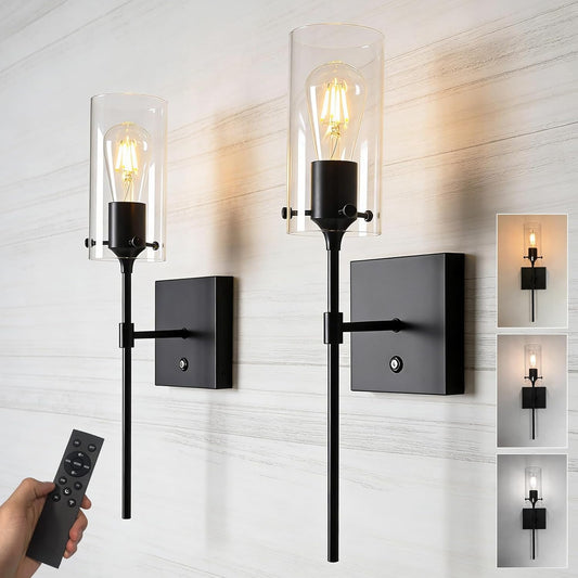 Wireless Wall Sconces with Remote Control, Black Battery Operated Wall Sconces Set of 2, Rechargeable Dimmable Wall Light for Bedroom Living Room Bathroom Hallway Entryway Stairwell,3 Colors