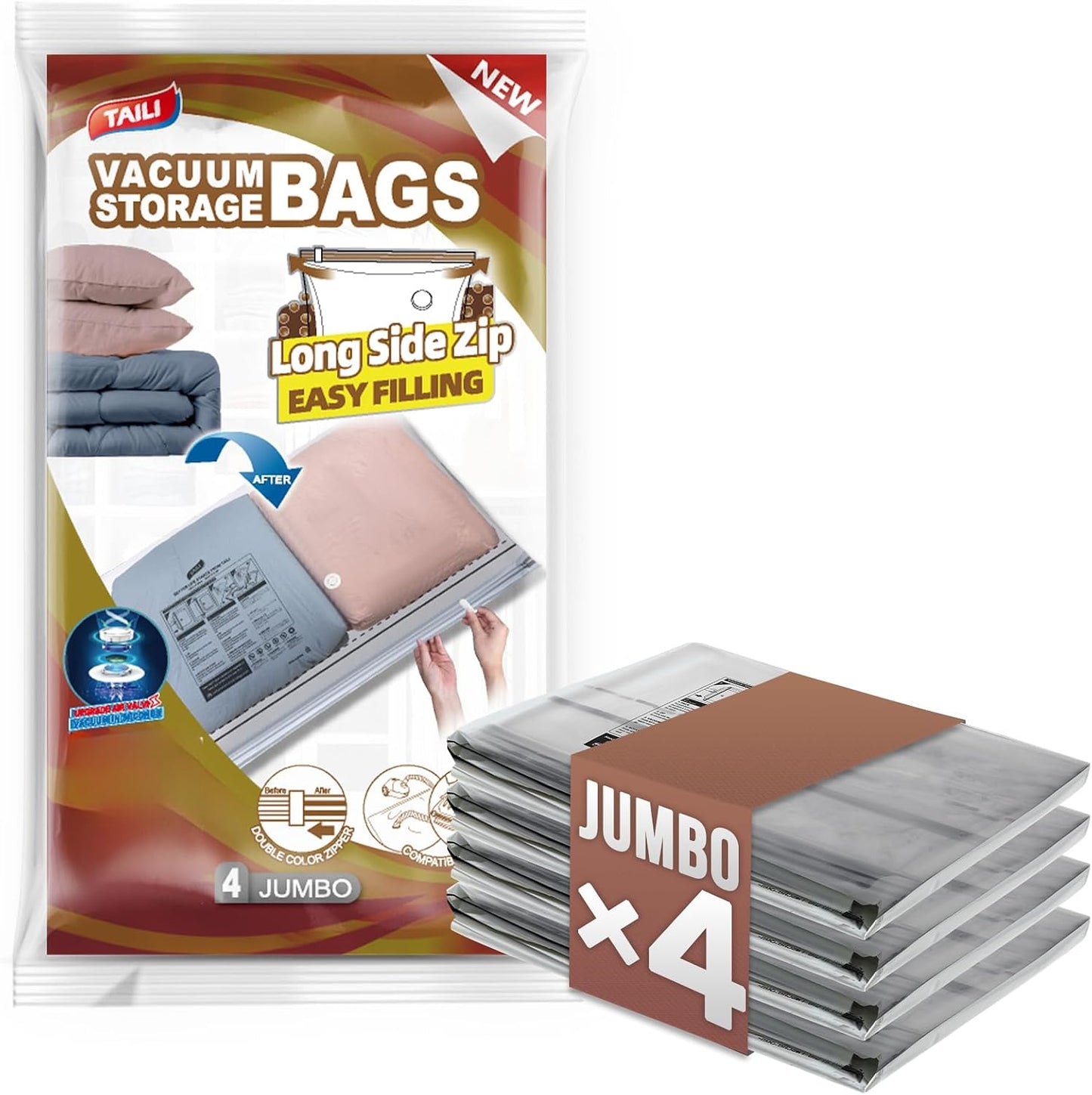 TAILI 8 Pack Jumbo Vacuum Storage Bags, 39x28 inch, LONG SIDE ZIP Vacuum Seal Bags for Clothing, Space Saver for Beddings, Comforters, Blankets, Pillows