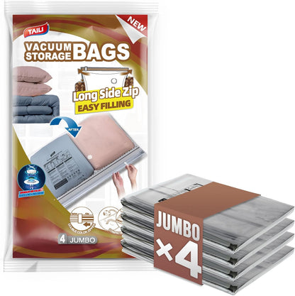 TAILI 8 Pack Jumbo Vacuum Storage Bags, 39x28 inch, LONG SIDE ZIP Vacuum Seal Bags for Clothing, Space Saver for Beddings, Comforters, Blankets, Pillows