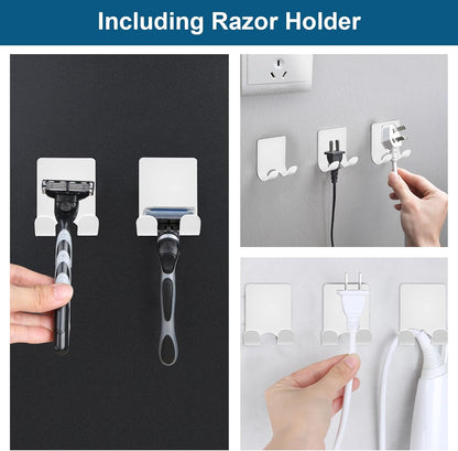 Diesisa Razor Holder for Shower + Adhesive Wall Hooks, Premium 304 Stainless Steel Shower Razor Holder with Heavy Duty Waterproof Sticky Hooks for Hanging Towels, Coat, hat (2+2 Pack)