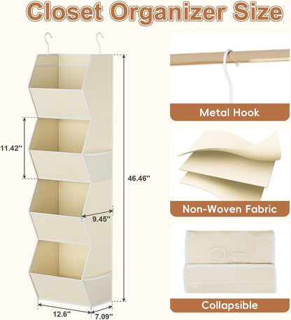 Hanging Closet Organizer 4 Shelf Collapsible Bedroom Closet Organizers and Storage Hanging with Mesh Pockets for Clothes, Fabric Hanging Storage Bins for Wardrobe Closet Organization and Storage, Grey