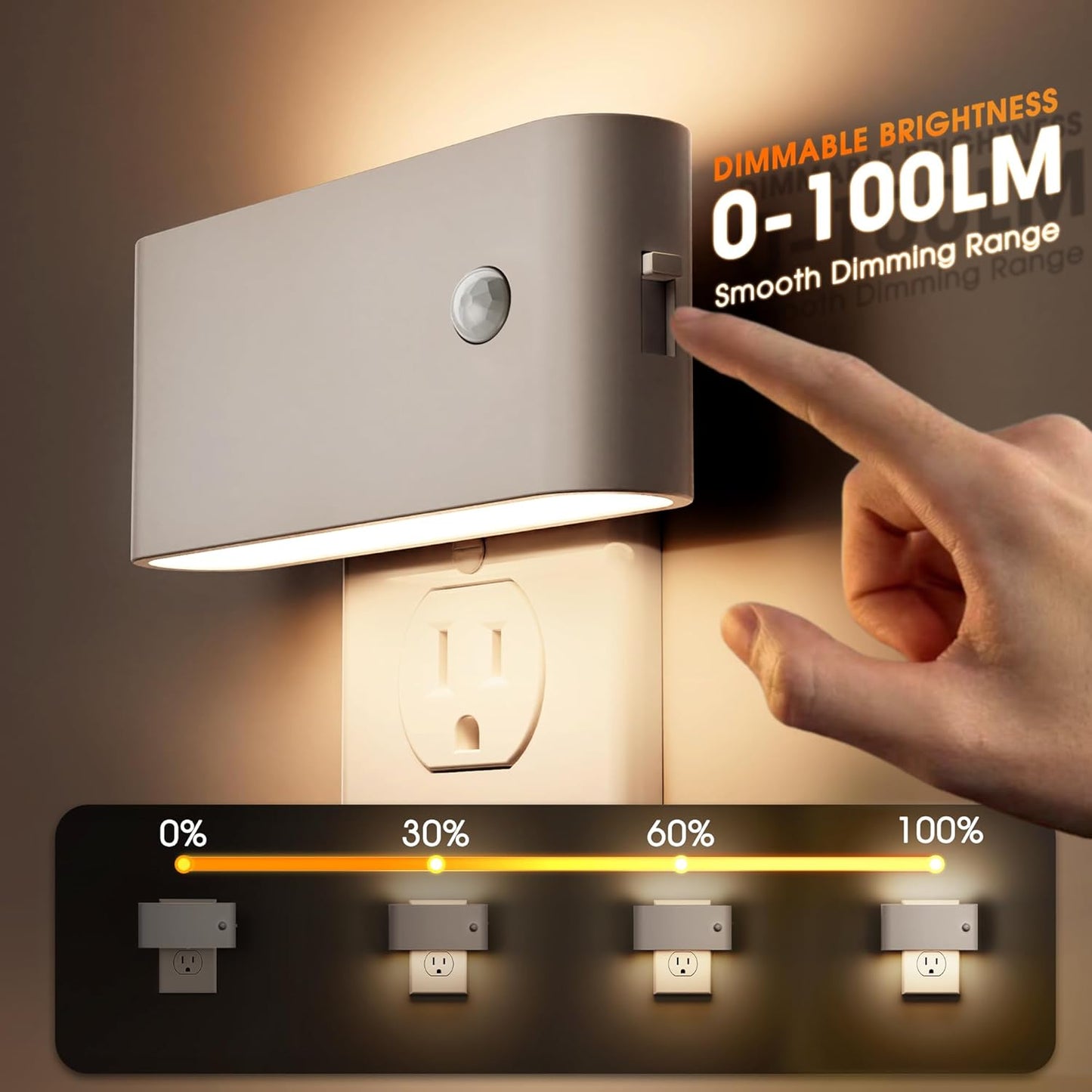 Briignite Motion Sensor Night Light, 2 Pack Motion Activation Night Lights Plug into Wall, Auto On Off, 0-100LM Dimmable Night Light Plug in, 3000K Warm White LED Nightlight for Kids Bedroom Hallway