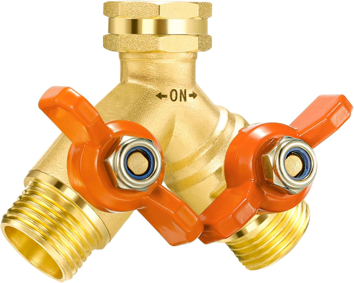 Garden Hose Splitter 3/4" GHT Full Flow 2 Way Brass Hose Splitter Heavy Duty All Metal Hose Y Splitter with Shutoff Outdoor Faucet Water Hose Splitter Y Valve Tap Adapter for Outdoor Garden