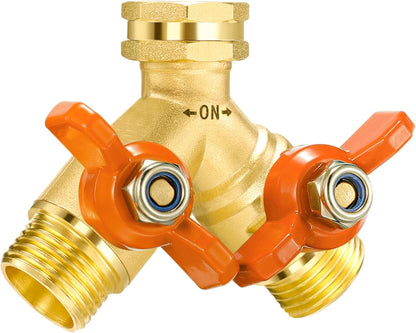 Garden Hose Splitter 3/4" GHT Full Flow 2 Way Brass Hose Splitter Heavy Duty All Metal Hose Y Splitter with Shutoff Outdoor Faucet Water Hose Splitter Y Valve Tap Adapter for Outdoor Garden
