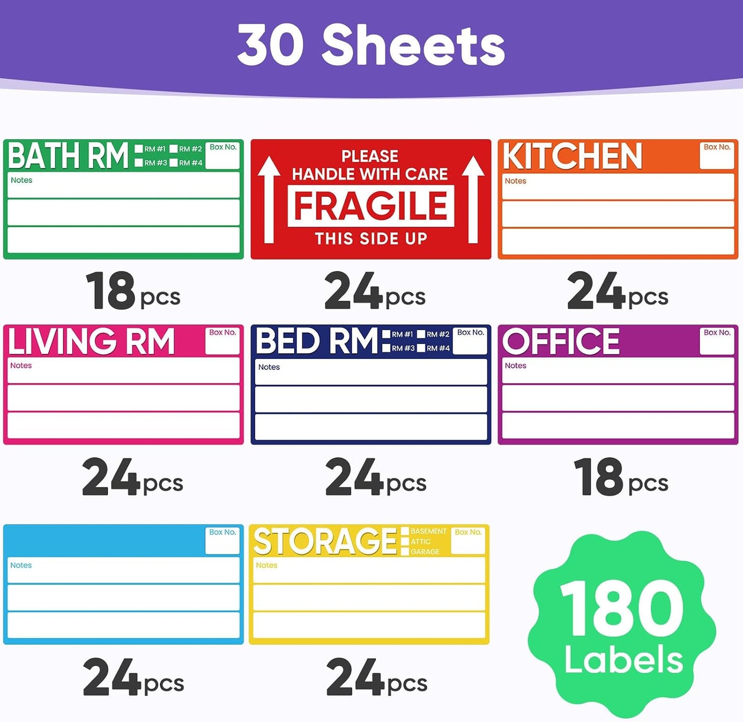 6 x 3 Inches Large Removable Moving Labels for Boxes, 180 Pack 8 Color Coded Moving Stickers for 3-4 Bedroom House, Waterproof Tear Resistant with Fragile & Blank Customizable Labels