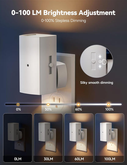 Brightown 2 Pack Night Lights Plug Into Wall, Modern Night Light with Rotating Plug, Dusk to Dawn Sensor, 0-100LM Stepless Dimming Nightlights, Home Decor for Hallway Bedroom Bathroom, Soft White