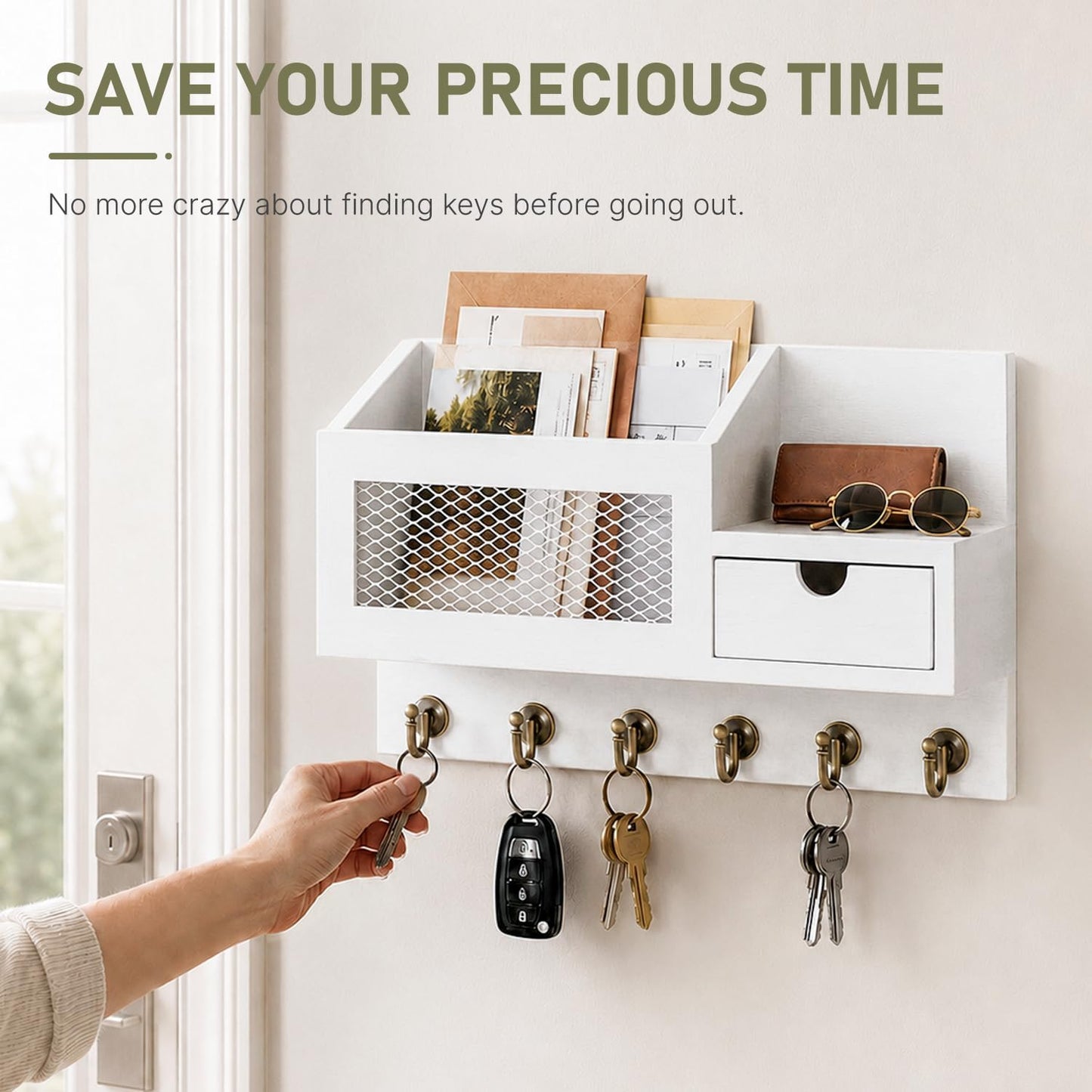 FifthQuarter Key Holder Wall Mount: Key and Mail Holder for Wall with 6 Hooks and Storage Drawer, Easy Installation Key Rack for Entryway Home Decor (A-White)