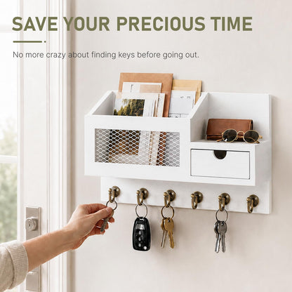 FifthQuarter Key Holder Wall Mount: Key and Mail Holder for Wall with 6 Hooks and Storage Drawer, Easy Installation Key Rack for Entryway Home Decor (A-White)