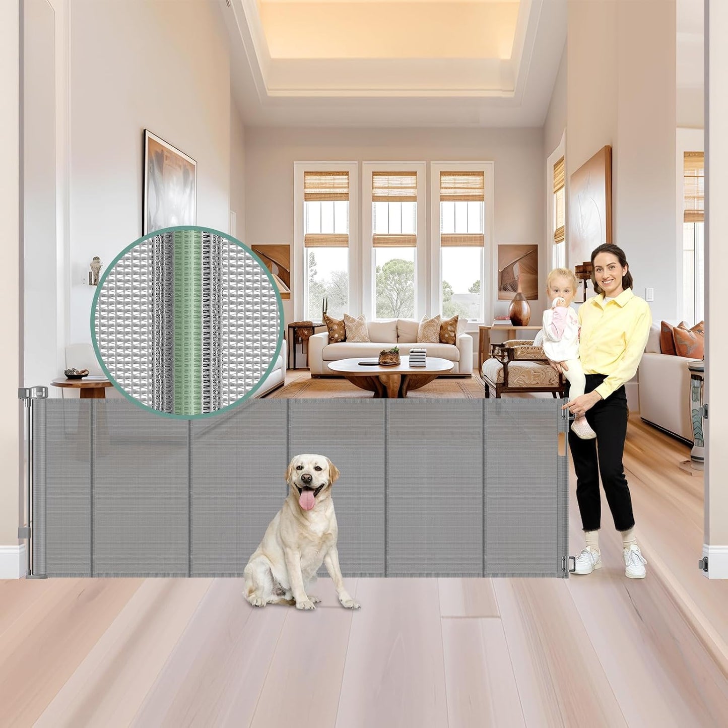 Reinforced 55" Wide Retractable Baby Gates with Reinforced Strips, Indoor/Outdoor Retractable Dog Gate for Doorway Prevent Bottom Drilling Through, No Bottom Bar Safety Mesh Baby Gate for Stair, Black