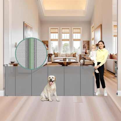 Reinforced 55" Wide Retractable Baby Gates with Reinforced Strips, Indoor/Outdoor Retractable Dog Gate for Doorway Prevent Bottom Drilling Through, No Bottom Bar Safety Mesh Baby Gate for Stair, Black