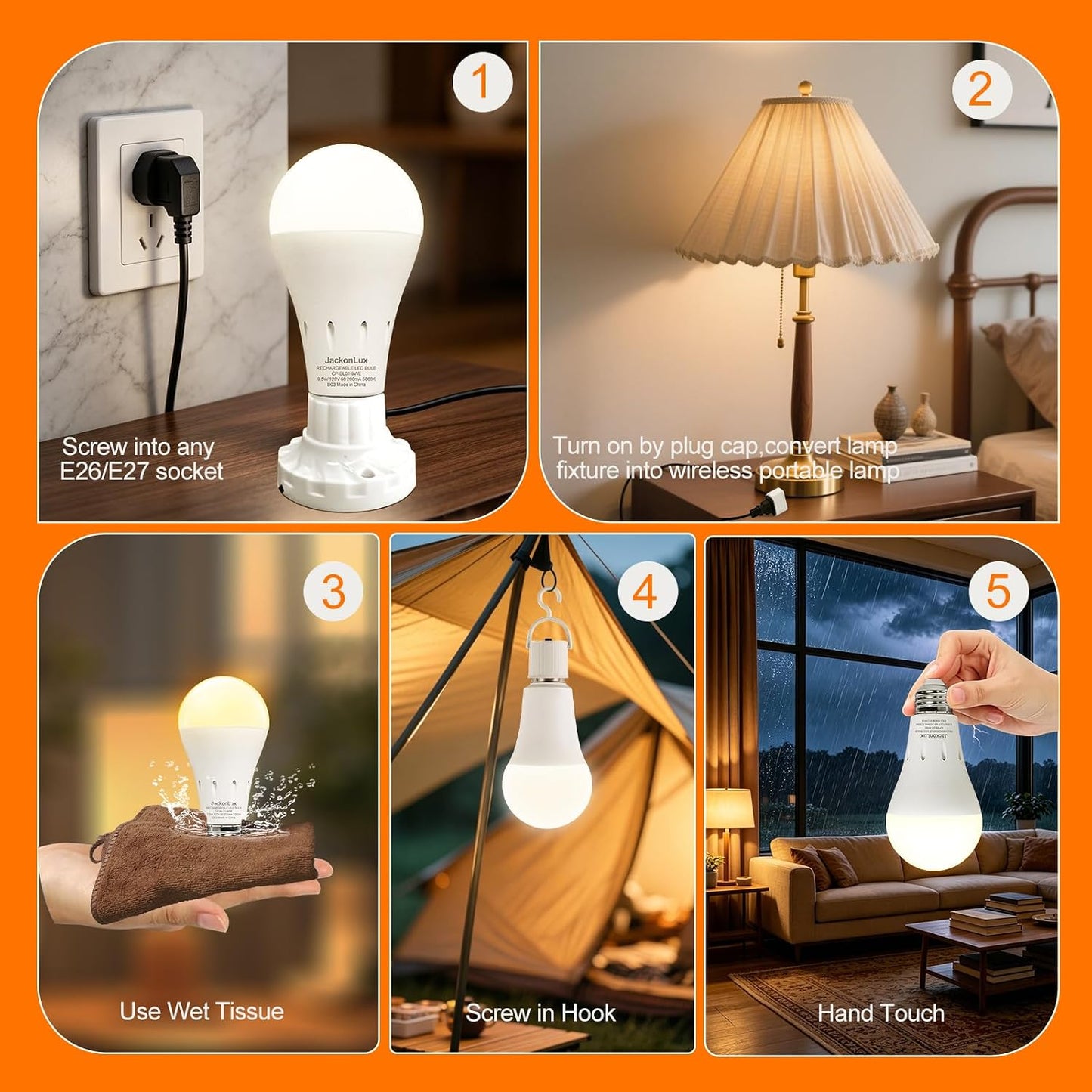 JackonLux Rechargeable Emergency LED Bulb Multi-Function Battery Backup Emergency Light for Power Outage Camping Outdoor Activity Hurricane (4, White-5000K-4PK)