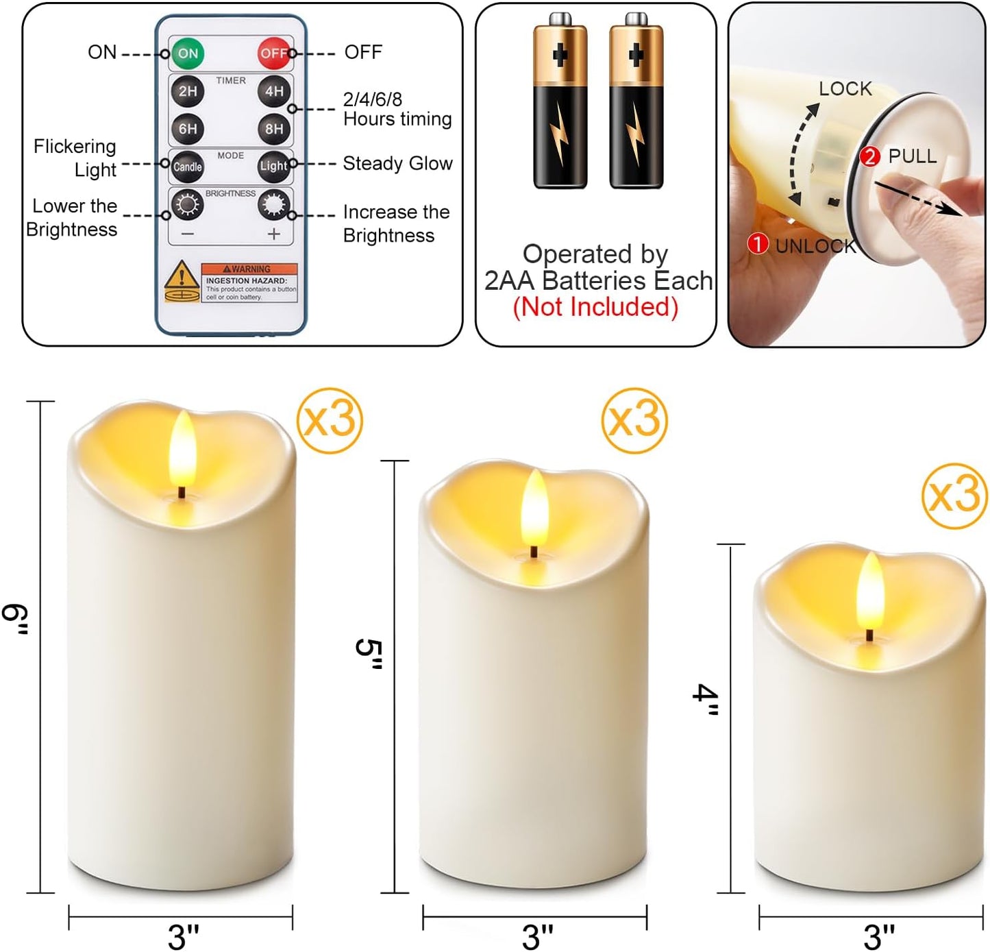 Homemory Dripping Wax Flameless Candles, Battery Operated Candles with Remote Control and Timers, LED Pillar Candles, Electric Fake Candles, 3" x 6", Set of 2