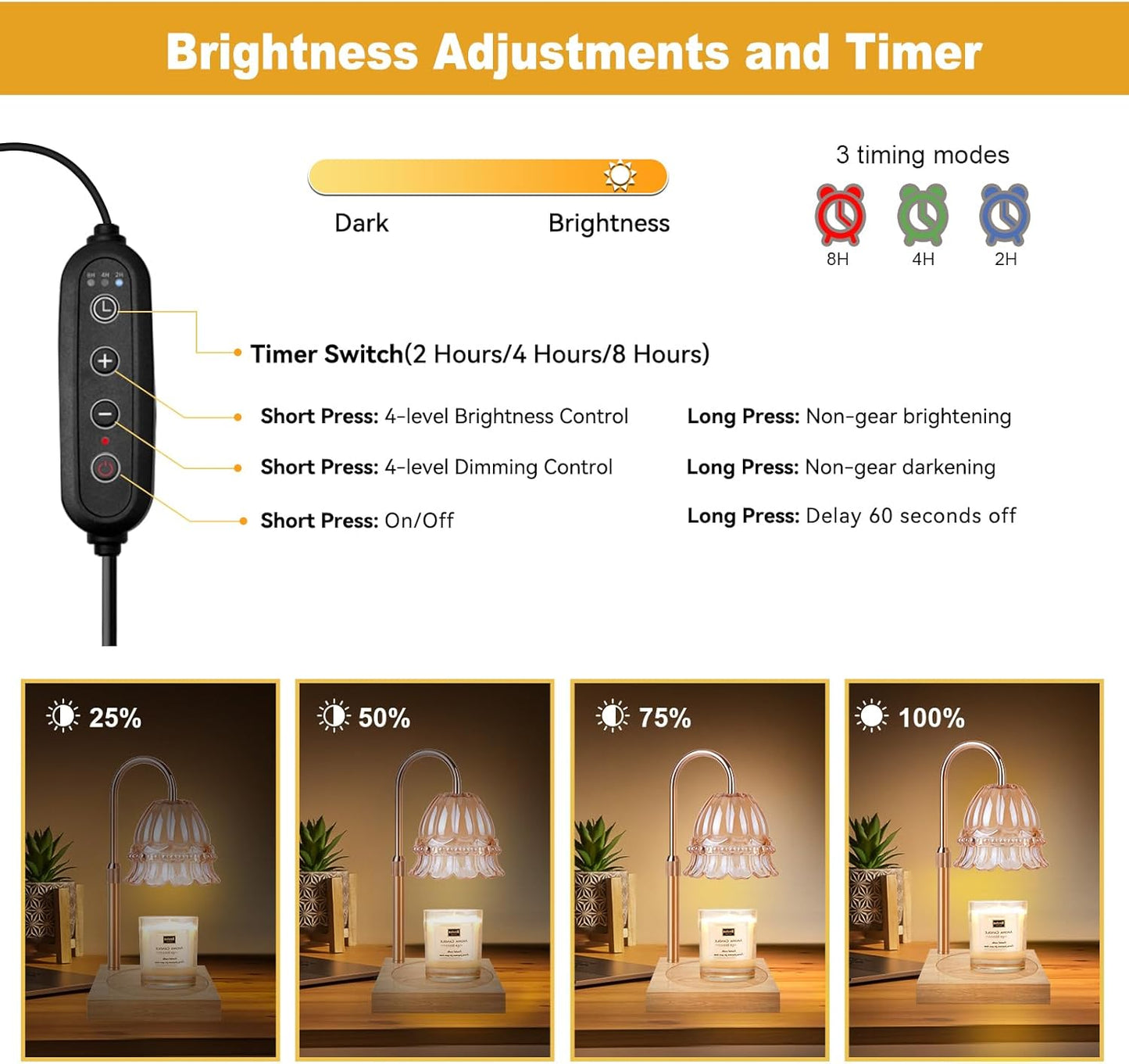 Candle Warmer Lamp with Timer & Dimmer, Candle Warmer Height Adjustable, Fits All Jar Scented Candles, Candle Lamp with 3 Bulbs, Charming Gift Box with Ribbon for Gifting