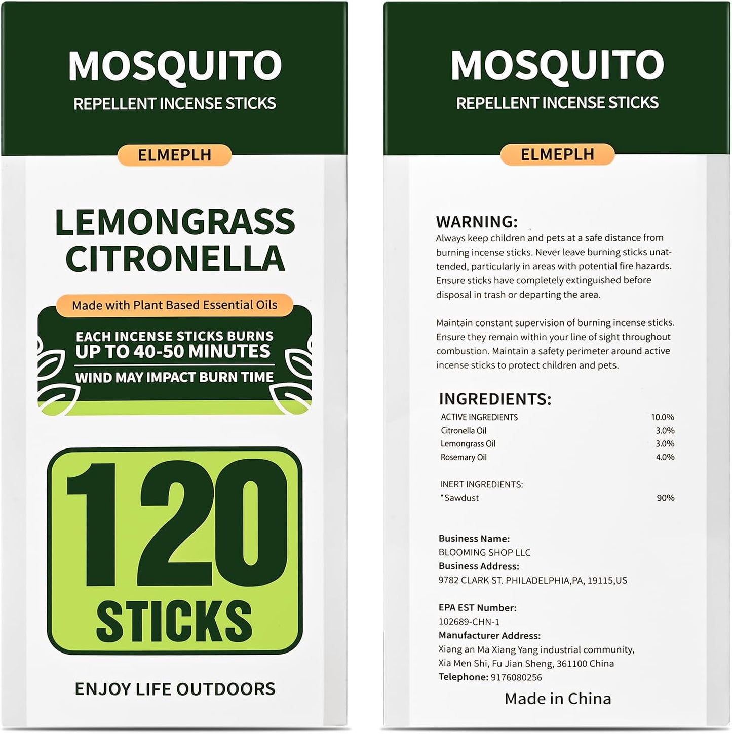 Mosquito Repellent Incense Sticks 40 Pieces per Box - Citronella Incense Sticks or Outdoor Patio/Citronella Oil/Lemongrass and Rosemary Oil/Made with Natural Based Essential