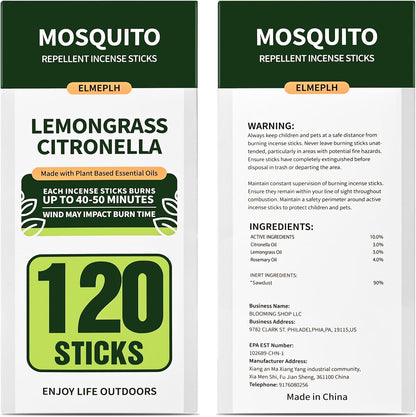 Mosquito Repellent Incense Sticks 40 Pieces per Box - Citronella Incense Sticks or Outdoor Patio/Citronella Oil/Lemongrass and Rosemary Oil/Made with Natural Based Essential