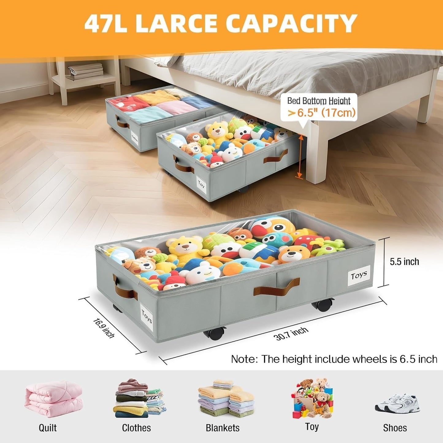 Under Bed Storage with Wheels,Underbed Storage with Sturdy Sidewalls/Bottom, Clear Cover, Label and PU Handle, Rolling Under Bed Drawers for Clothes, Shoes, 6.5 Inch Height,Black, 2 Pack