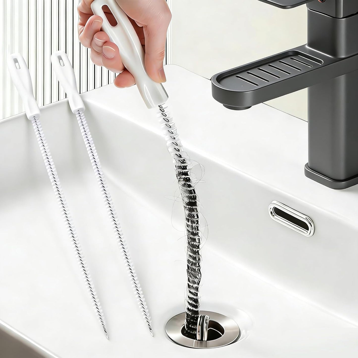 Drain Cleaning Brush, 2-Pack Flexible Pipe Cleaner Tool for Sink Shower and Bathtub Drain, Long Hair and Debris Remover Snake with Handle and Hook, Reusable Clog Removal Accessory