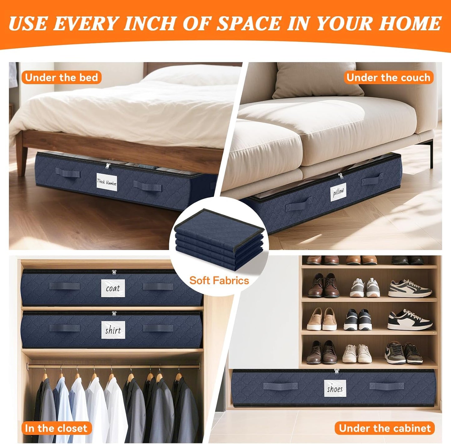 SpaceWhisper 90L Under Bed Storage Containers, 4-Pack Storage Bins with Clear Top, Foldable Closet Organizers and Storage with Label Holder for Clothing, Blankets, Comforter & Pillows (Grey)