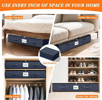 SpaceWhisper 90L Under Bed Storage Containers, 4-Pack Storage Bins with Clear Top, Foldable Closet Organizers and Storage with Label Holder for Clothing, Blankets, Comforter & Pillows (Grey)