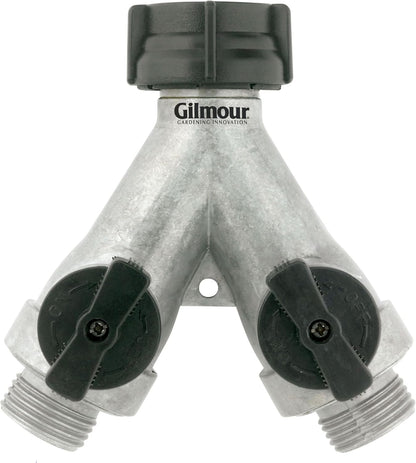 Gilmour Heavy Duty 2 Way Garden Hose Splitter, Dual Water Hose Splitter with Shut Off Valve, Metal Water Manifold