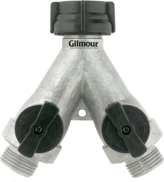 Gilmour Heavy Duty 2 Way Garden Hose Splitter, Dual Water Hose Splitter with Shut Off Valve, Metal Water Manifold