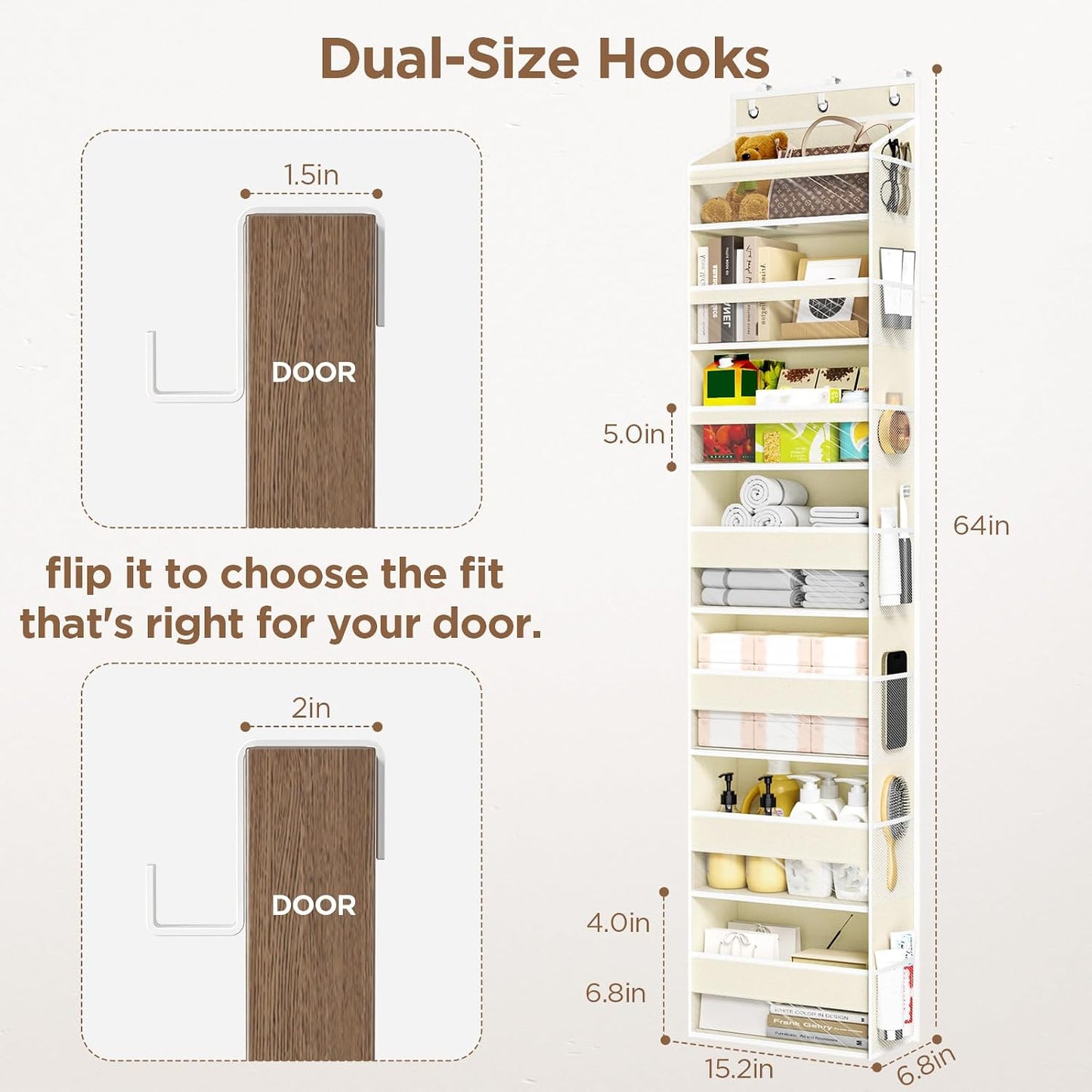6 Tiers Over The Door Organizer, Heavy Duty Hanging Organizer Storage with Large Capacity Pockets, Behind Door Storage Hanging Shelves for Closet Wall Bathroom Bedroom Nursery Pantry, 1 Pack Grey