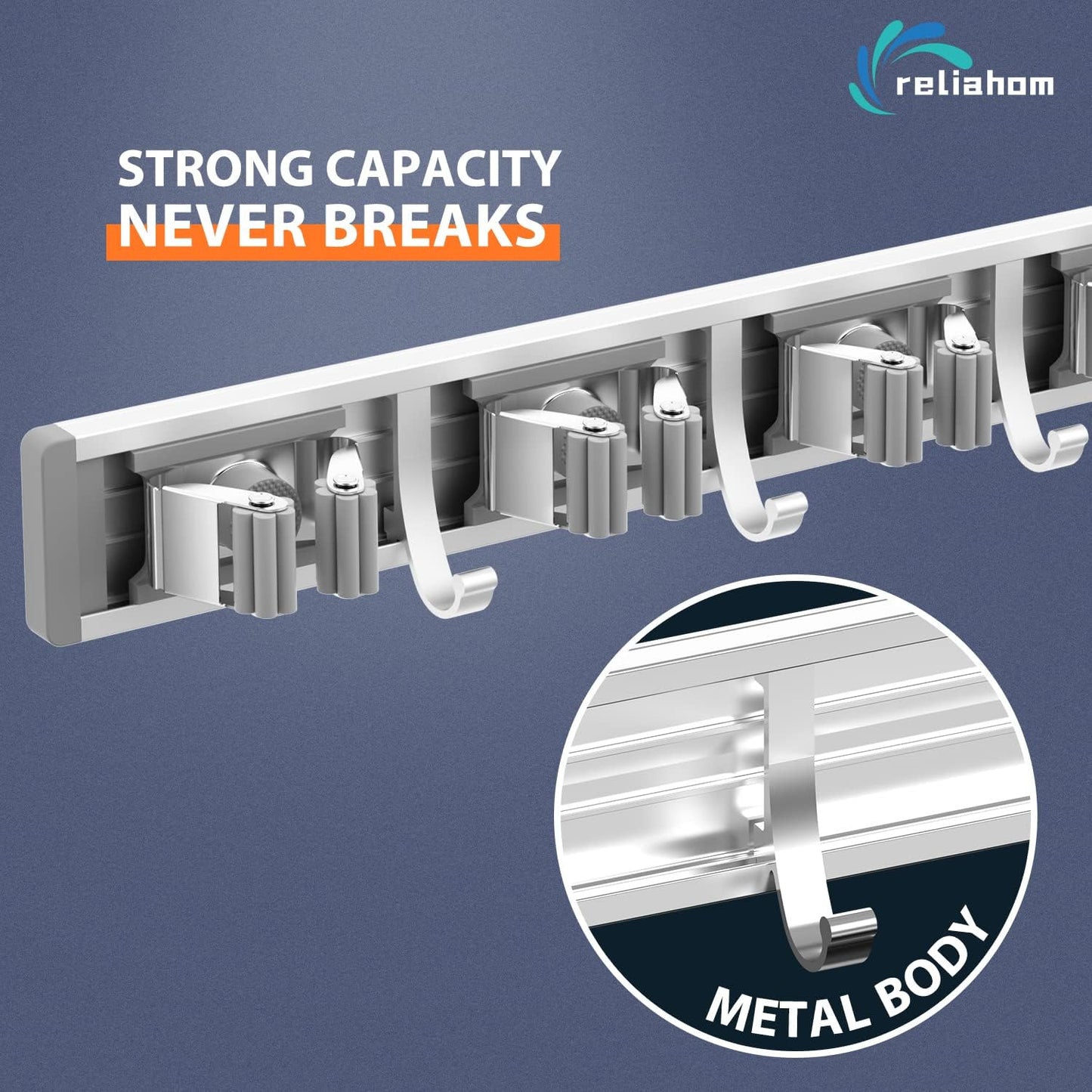 reliahom Broom Holder Wall Mount Mop Hanger Tools organizer 4Racks 5Hooks | Adjustable Mop Broom Wall Hanging Heavy duty Tools Storage Rack Space-saving for Garage,Kitchen,Laundry Room,Garden, Silver