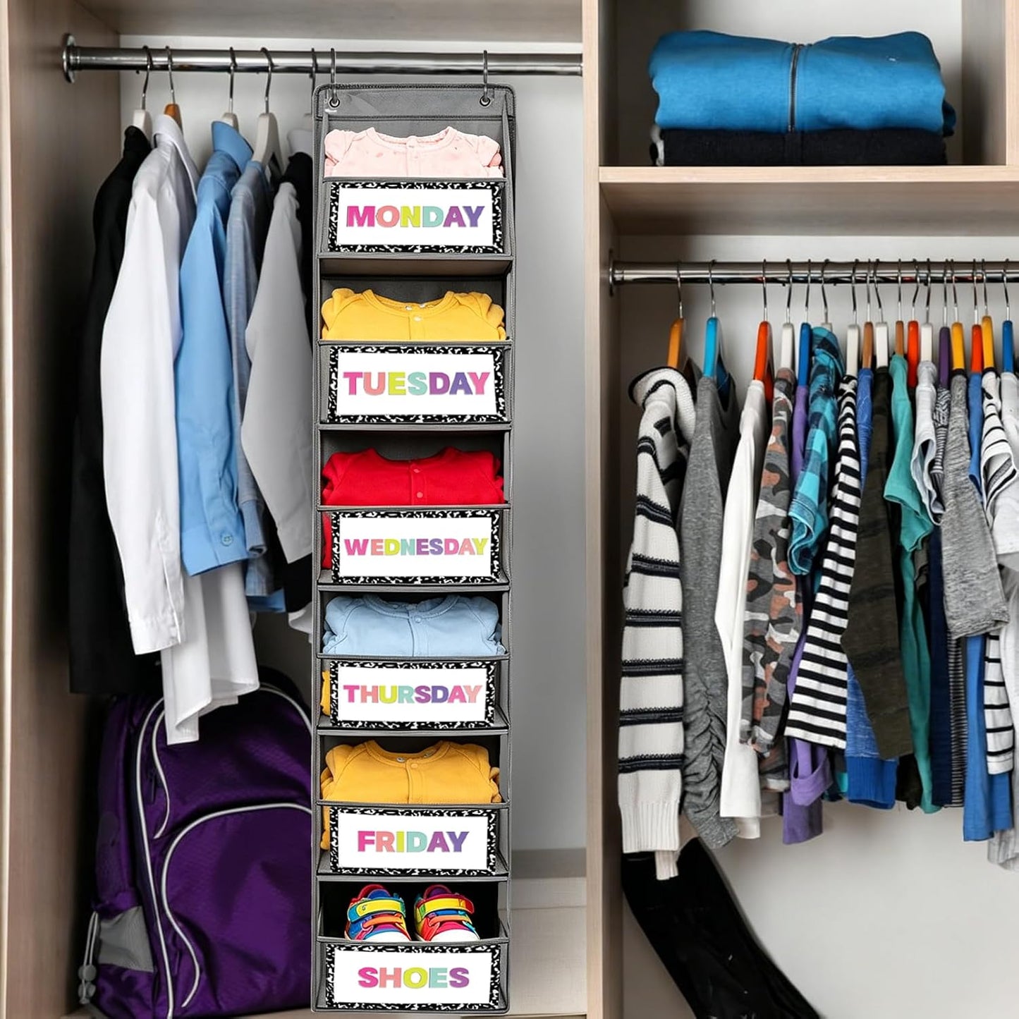 2 Pack Weekly Clothes Organizer for Kids, 6 Shelf Hanging Closet Organizer with Clear Window, Foldable Days of the Week Over the Door Outfit Organizer with Labels for Closet School