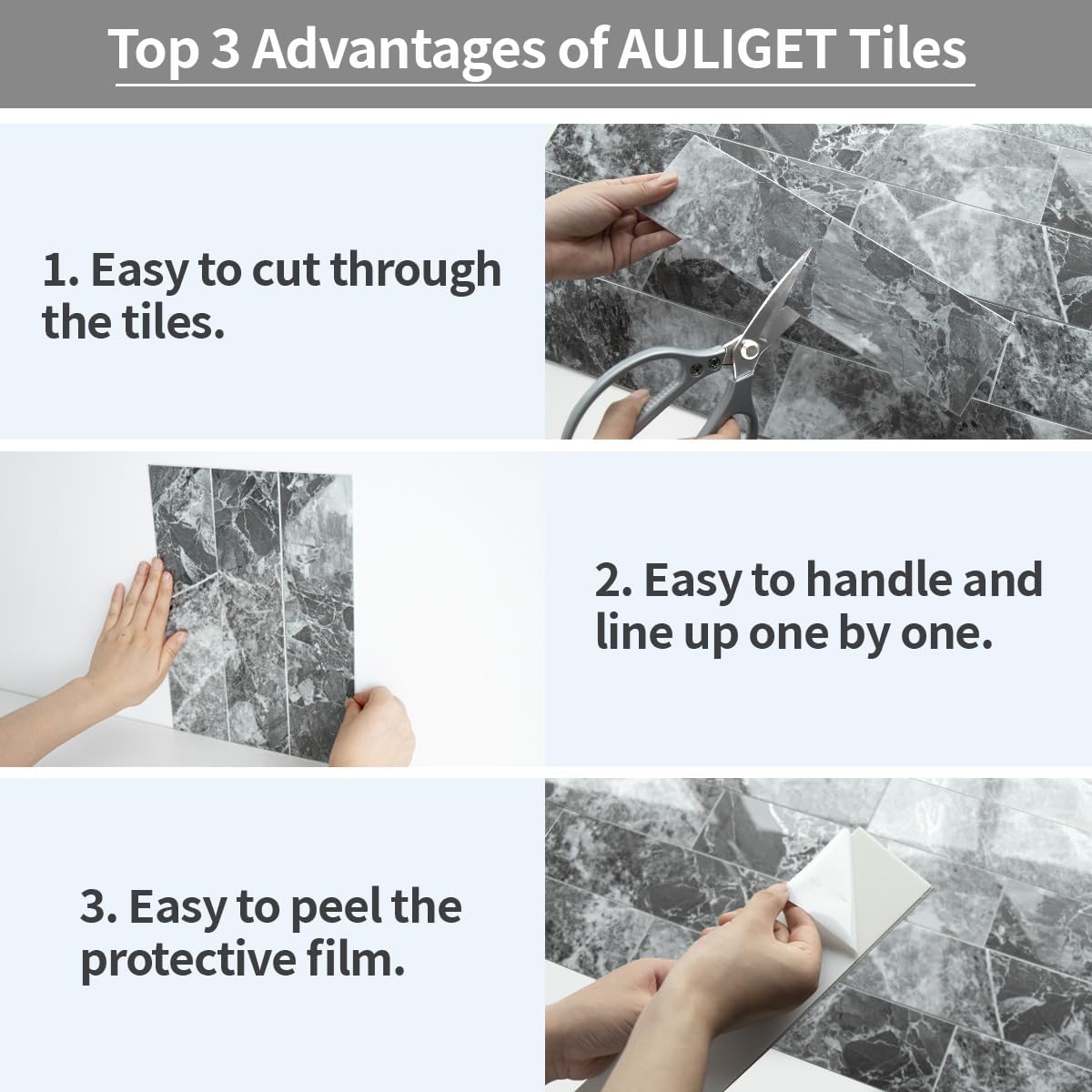 AULIGET 40-Piece Polished White Marble with Gold Peel and Stick Backsplash Wall Tiles, 3" x 12" PVC Faux Stone Stick on Tiles for Backsplash Kitchen, Bathroom, Laundry Room, Camper, Fireplace