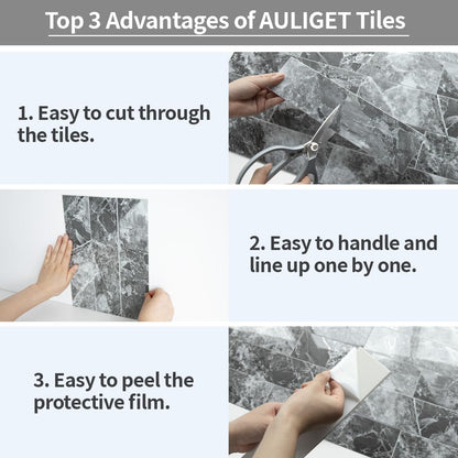 AULIGET 40-Piece Polished White Marble with Gold Peel and Stick Backsplash Wall Tiles, 3" x 12" PVC Faux Stone Stick on Tiles for Backsplash Kitchen, Bathroom, Laundry Room, Camper, Fireplace