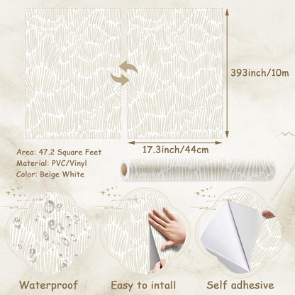 Theper Beige Wallpaper 17.3"×78.8" Modern Striped Peel and Stick Wallpaper Boho Removable Self Adhesive Wall Paper for Bedroom Waterproof White and Gold Contact Paper for Cabinets Vinyl