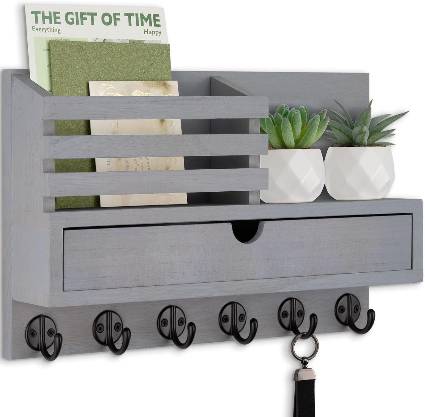 Key Holder Wall Mount, Mail Holder with Storage Drawer and 5 Key Hooks for Coat, Dog Leash, Home Decor Rack, House Accessories, Entry Way Organizer