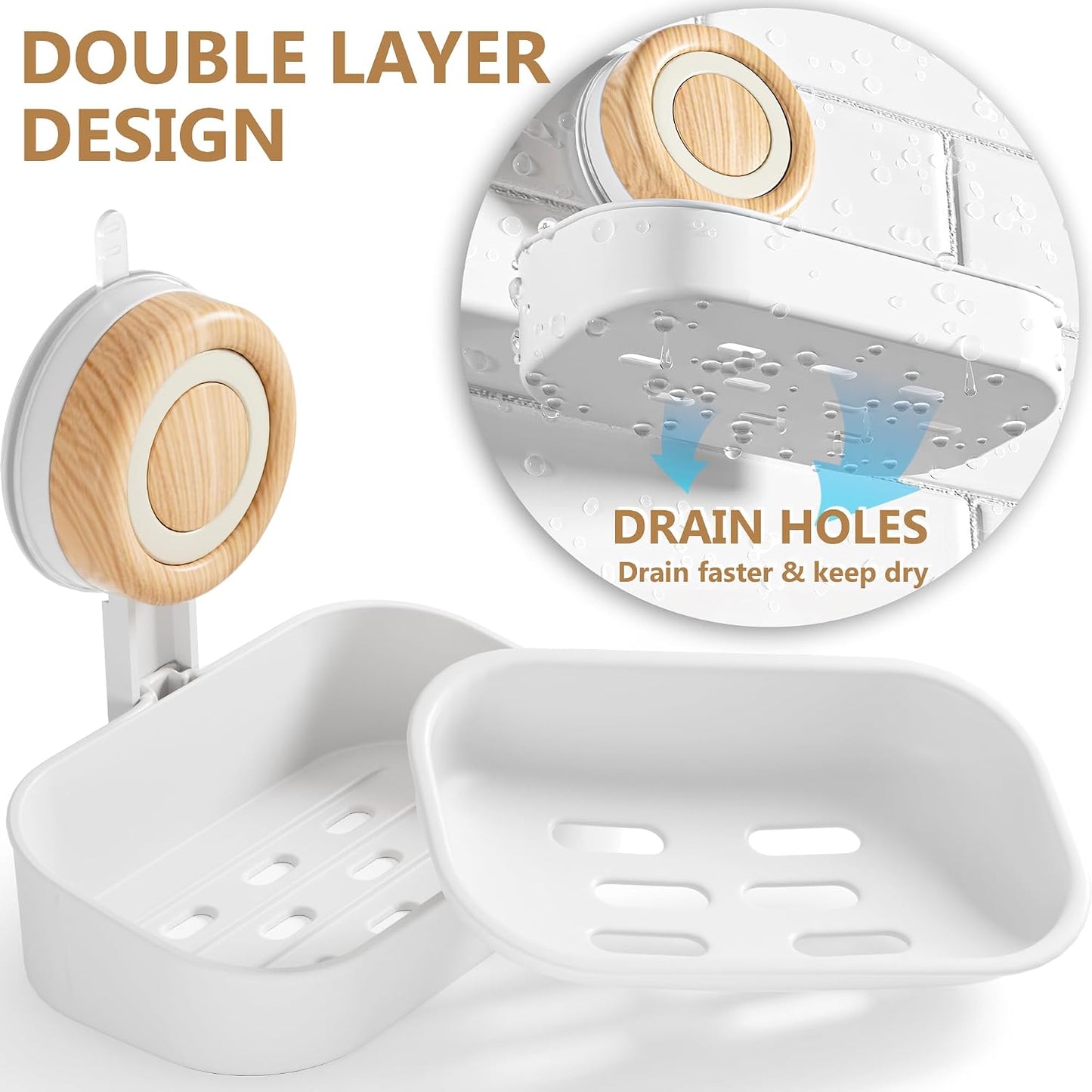 Double Layer Soap Dish for Shower 2 Pack, Wall Mounted Bar Soap Holder Suction Cup 2 Layer Self Draining Soap Case Sponge Holder for Shower Bathroom, Tub and Kitchen Sink, Drill-Free Tray