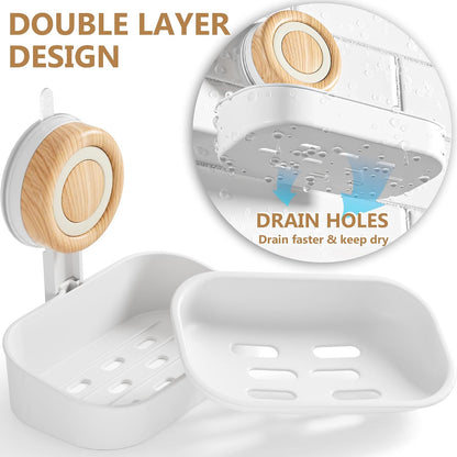 Double Layer Soap Dish for Shower 2 Pack, Wall Mounted Bar Soap Holder Suction Cup 2 Layer Self Draining Soap Case Sponge Holder for Shower Bathroom, Tub and Kitchen Sink, Drill-Free Tray