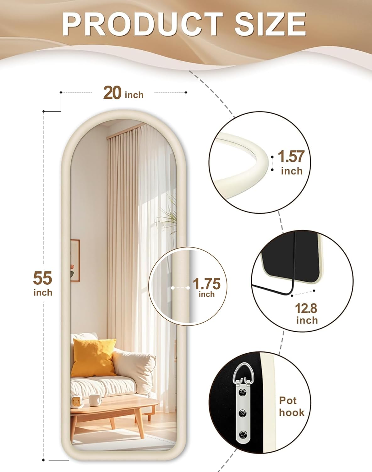 Delma Arched Full Length Mirror, Free Standing Floor Velvet Finish Frame Mirror for Leaning or Hanging, Soft Touch Bedroom & Living Room Decor, Brown