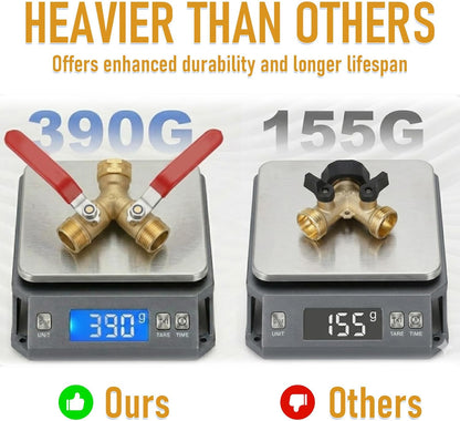 Garden Hose Splitter 2 Way, Heavy Duty Brass Y Valve Water Hose Splitter With Stainless Steel Long Handle Outdoor Full Flow Hose Splitter Connector,Y Valve 3/4 Inch GHT Thread