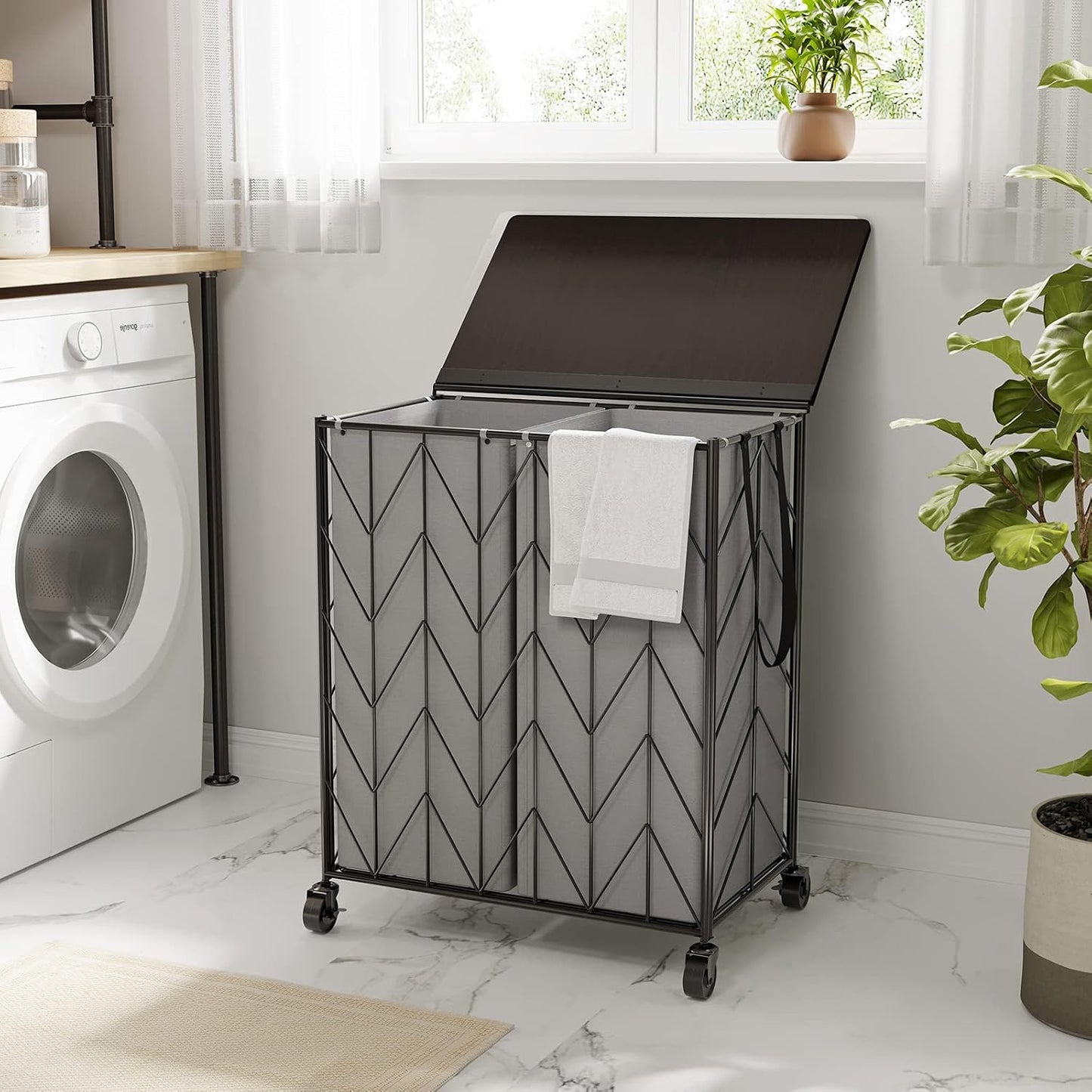 WOWLIVE Laundry Basket with Wheels, 142L Laundry Hamper 3 Section with Lid, Dirty Clothes Hamper with Removable Bags, Large Capacity Iron-Made Laundry Basket Organizer Laundry Sorter for Dorm, White