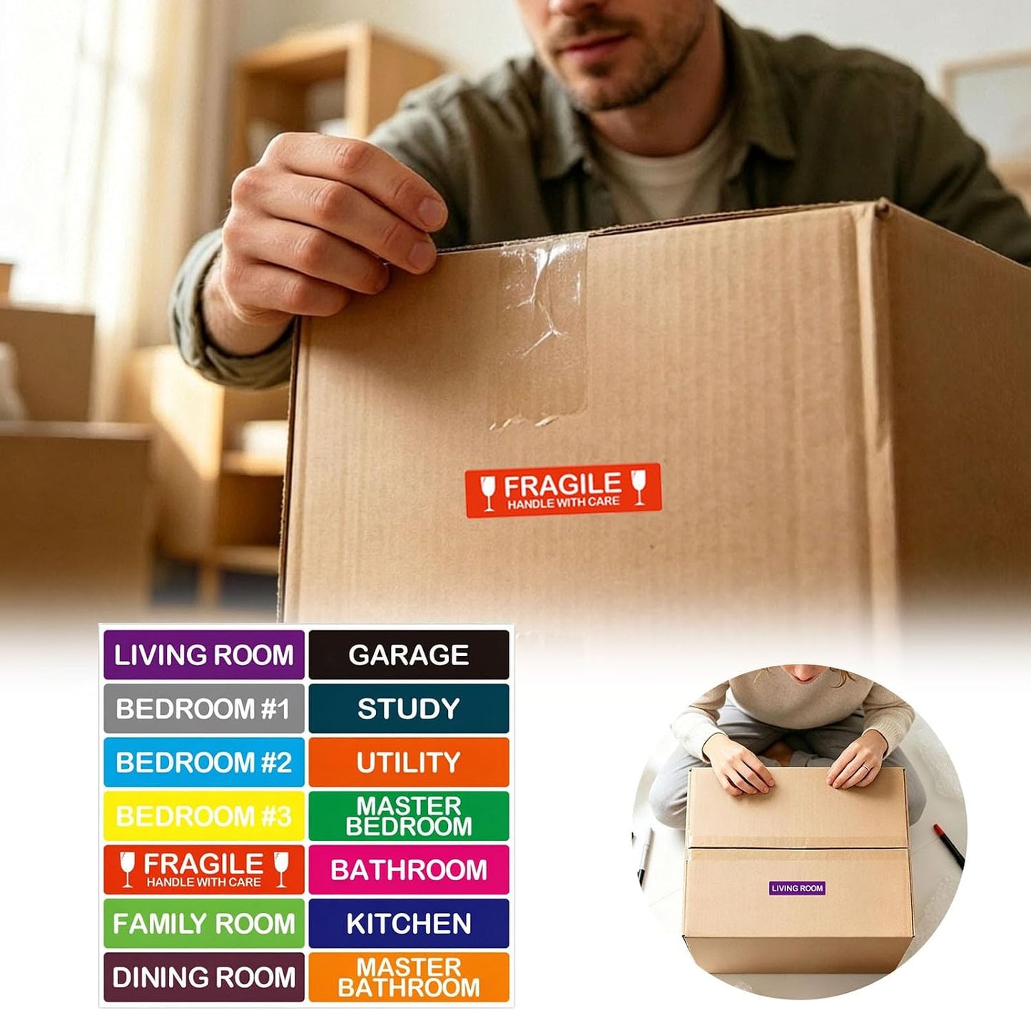 Color Coded Moving Labels for Boxes 20 Sheets, 280 Stickers，3 | 14 Color Varieties, Includes Fragile Labels, Residue-Free Removal, Strong Self-Adhesion, Multi-Surface Use