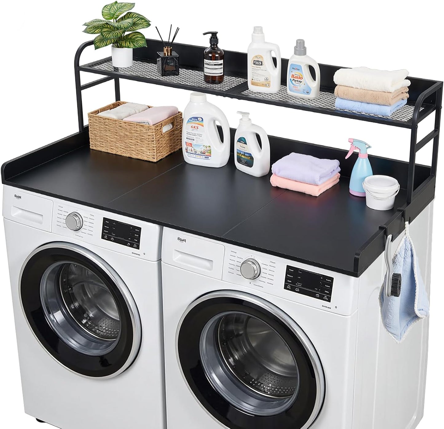VEVOR Washer Dryer Countertop with 2-Tier Shelf, 54" x 27" Wooden Washer and Dryer Countertop with Anti-Slip Pads, Water-Resistant Laundry Topper Cover for Laundry Room Organization and Storage, Black