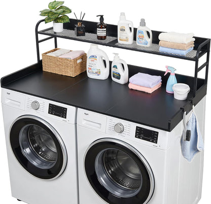 VEVOR Washer Dryer Countertop with 2-Tier Shelf, 54" x 27" Wooden Washer and Dryer Countertop with Anti-Slip Pads, Water-Resistant Laundry Topper Cover for Laundry Room Organization and Storage, Black