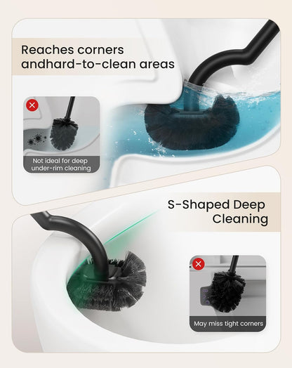 Cesun Toilet Brush and Holder Set with 2 Brush Heads, Curved Toilet Bowl Brush for Under Rim Cleaning, 304 Stainless Steel Holder, Long Handle Toilet Scrubber, Black