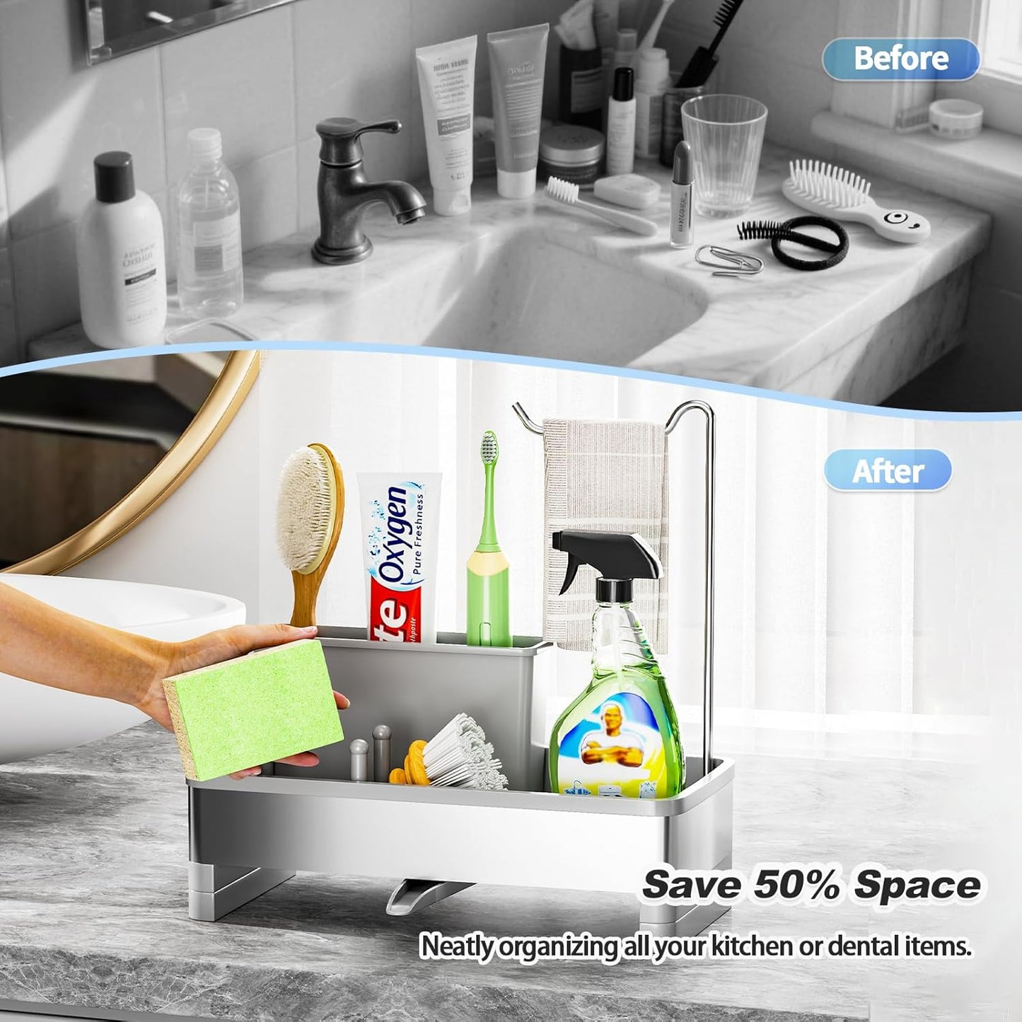 Ewaiira Stainless Steel Sink Caddy, Sponge Holder for Kitchen Sink with Brush Holder and Towel Rack, Sink Organizer for Countertop, Soap Dispenser Kitchen Organizers Storage Essentials (A-Black)