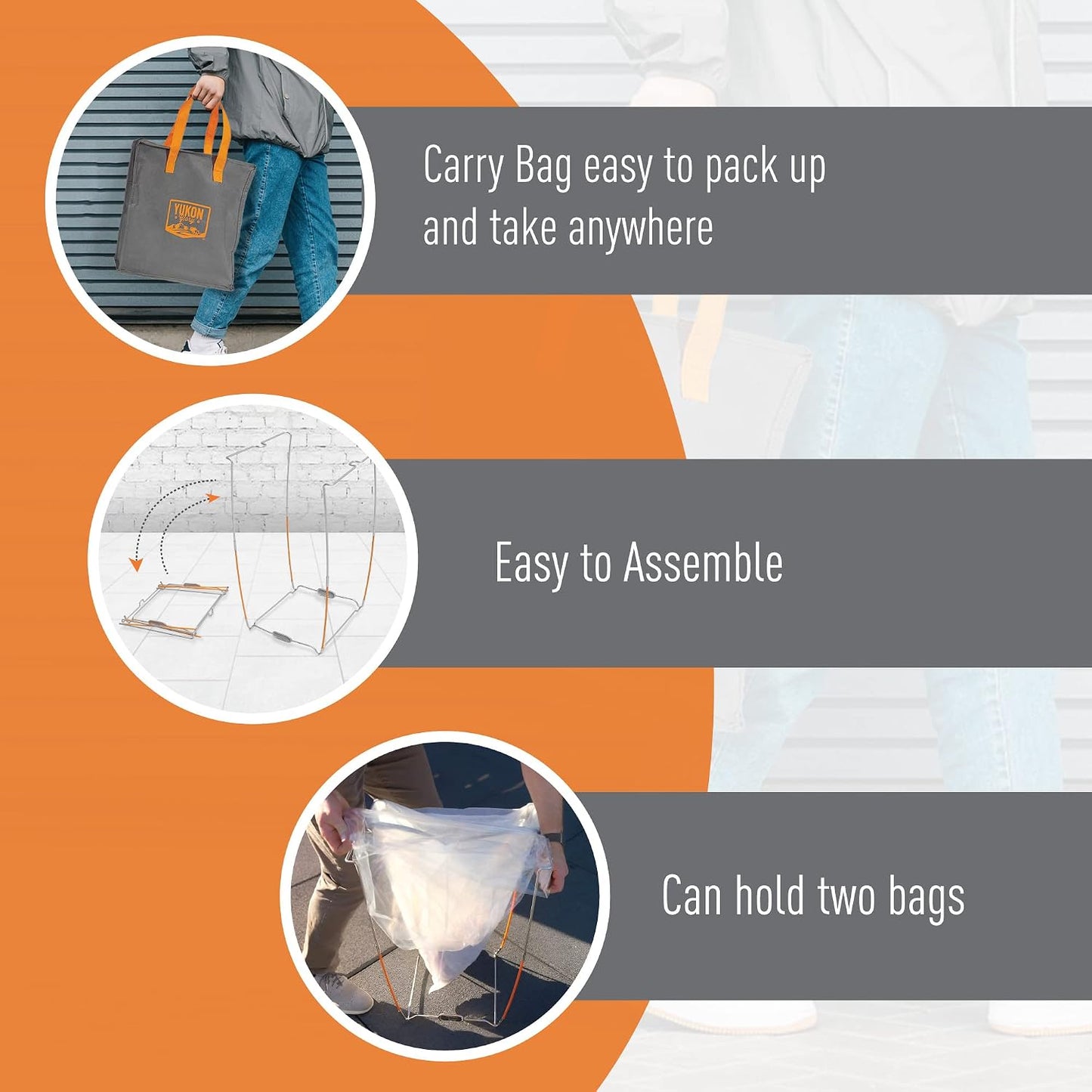 Yukon Glory Collapsible Trash Bag Holder & Portable Trash Can Stand, Stainless Steel, Holds 13 Gallon Bags, Folds Into Its Own Carry Bag, for Camping, Tailgating & Outdoor Cleanup
