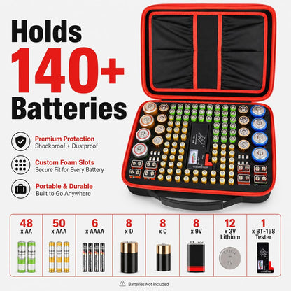 Comecase Battery Storage Case with Tester, Holds 148+ AA AAA C D 9V, Black | Hard-Shell Design, Carry Handle and Custom Foam Slots Keep Batteries Visible, Separated and Ready for Home, Garage or Office