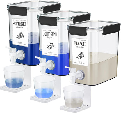 Soaoo 3 Set 67.6 oz Liquid Laundry Detergent Dispenser with Faucet and Cup Holder Labels Plastic Fabric Softener Container Detergent Drip Catcher for Laundry Room Washing Soap