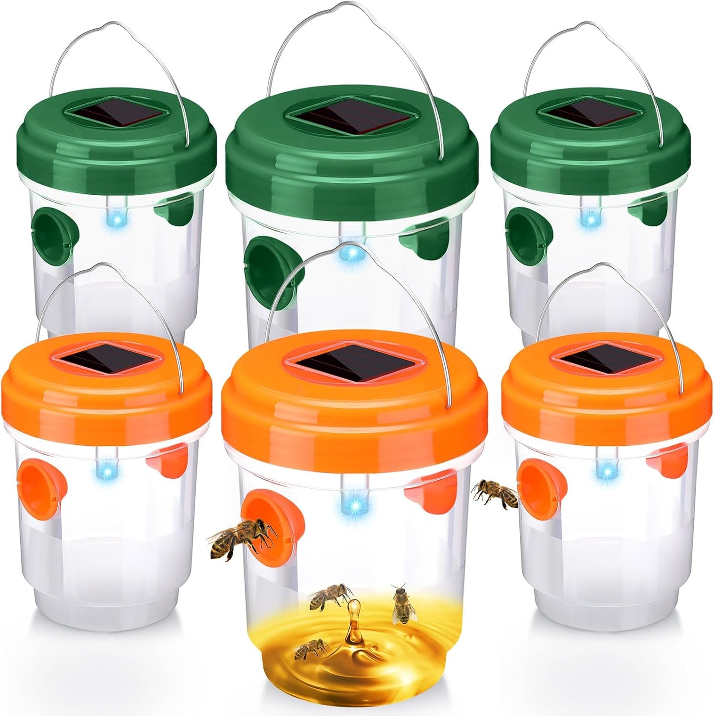Wasp Trap Solar Powered Bee Trap Reusable Fly Traps Outdoor Hanging Wasp Killer with UV LED Light Flying Insects Bee Killer for Indoor Outside Patio Garden Home (6, Yellow)