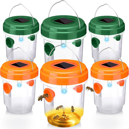 Wasp Trap Solar Powered Bee Trap Reusable Fly Traps Outdoor Hanging Wasp Killer with UV LED Light Flying Insects Bee Killer for Indoor Outside Patio Garden Home (6, Yellow)
