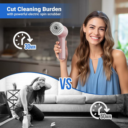 PUFTEM Electric Spin Scrubber, Cordless Shower Scrubber with Battery Level Display, 2 Speeds Electric Scrubber for Cleaning with 6 Replaceable Heads, Cleaning Brush for Bathroom/Sink/Window