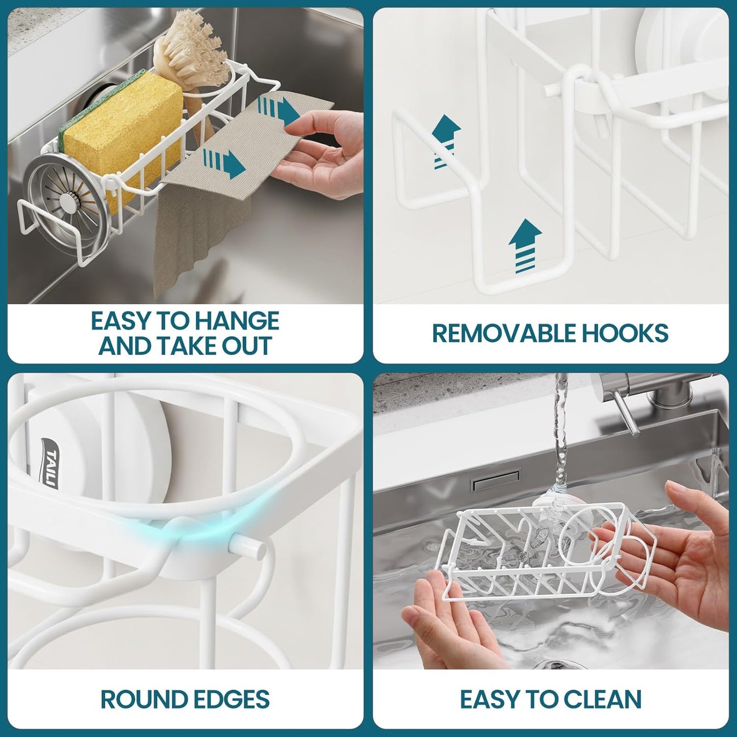 TAILI Sponge Holder with Strong Suction Cup, Dish Sponge Caddy Inside Sink Removable, Rustproof Aluminum for Sponges, Brushes, Stoppers and Scrapers - Black